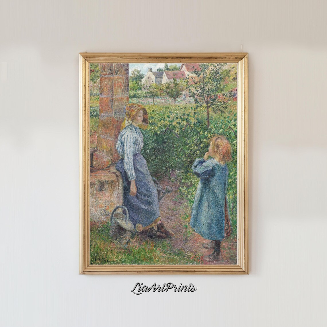 Woman with Child in a Sunny Walled Garden Pointillist Vintage Poster - Image 3