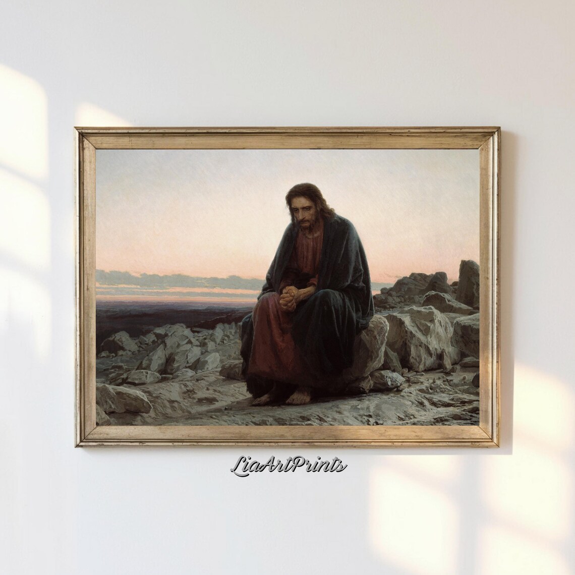 Jesus in the Desert Vintage Religious Oil Painting at Dawn Poster