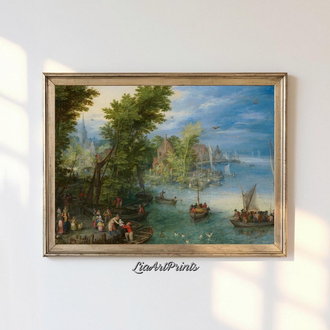 Busy Old Port Harbor with Fishing Boats and Villagers Poster