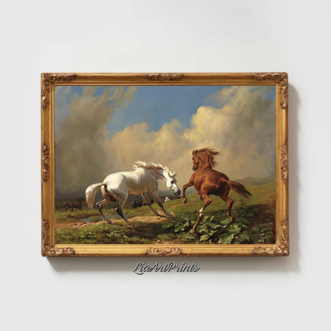 White and Chestnut Stallions Fighting Equestrian Classic Art Poster - Image 2