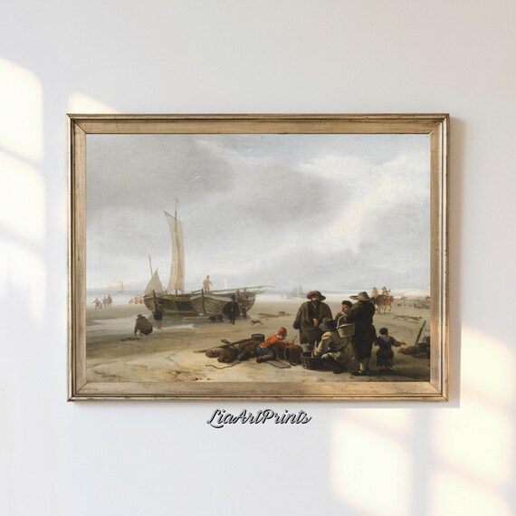 Beach Fishermen Unloading Boats Vintage Dutch Coastal Scene Poster