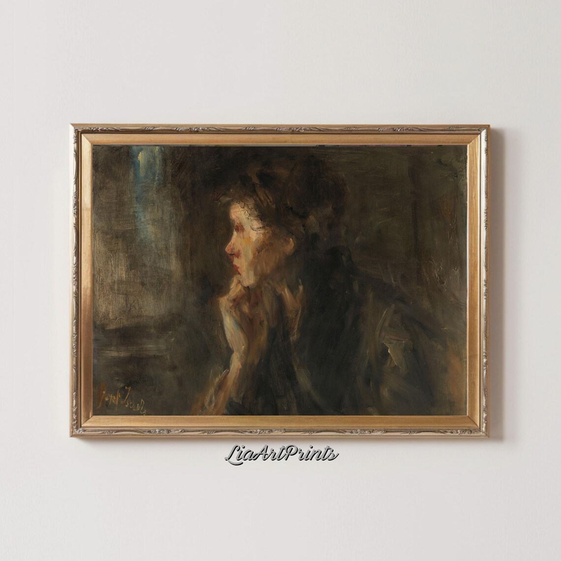 Pensive Woman Dark Vintage Portrait Oil Painting Contemplative Poster - Image 2