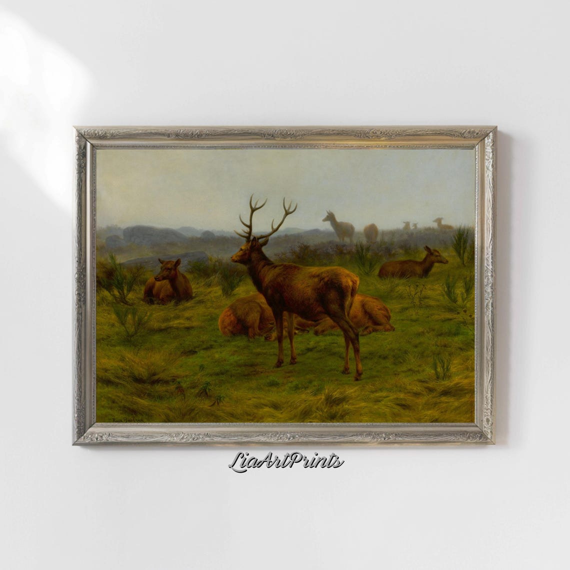 Majestic Stag Deer Herd Meadow Rustic Wildlife Painting Poster - Image 4