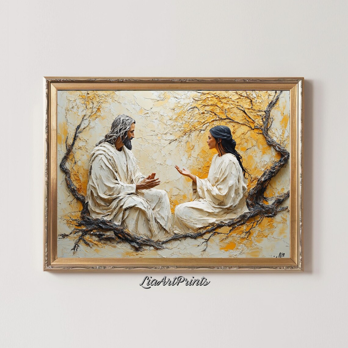 Jesus and Woman Talking Under Golden Tree Textured Religious Painting Poster - Image 3