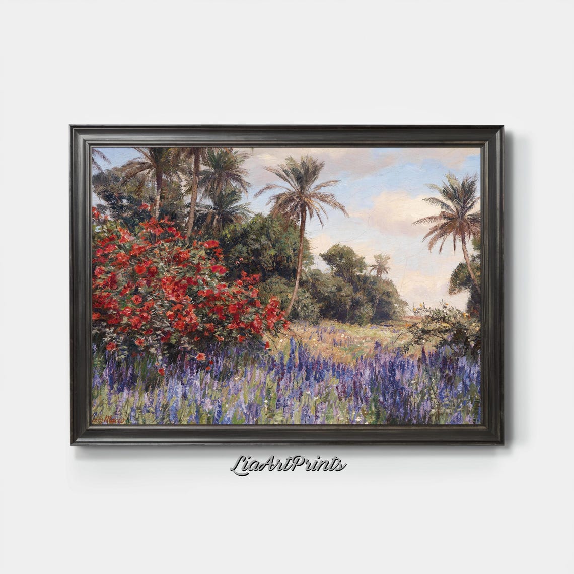 Vibrant Floral Landscape With Palm Trees Exotic Nature Painting Colorful Garden Artwork - Image 2