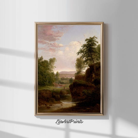 Peaceful Countryside Stream Wall Art Vintage Pastoral Landscape Print Rustic Nature Decor
