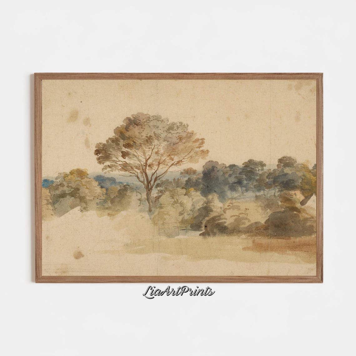 Minimalist Watercolor Lone Tree Open Field Antique Landscape Poster - Image 2