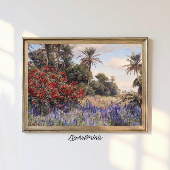 Vibrant Floral Landscape With Palm Trees Exotic Nature Painting Colorful Garden Artwork