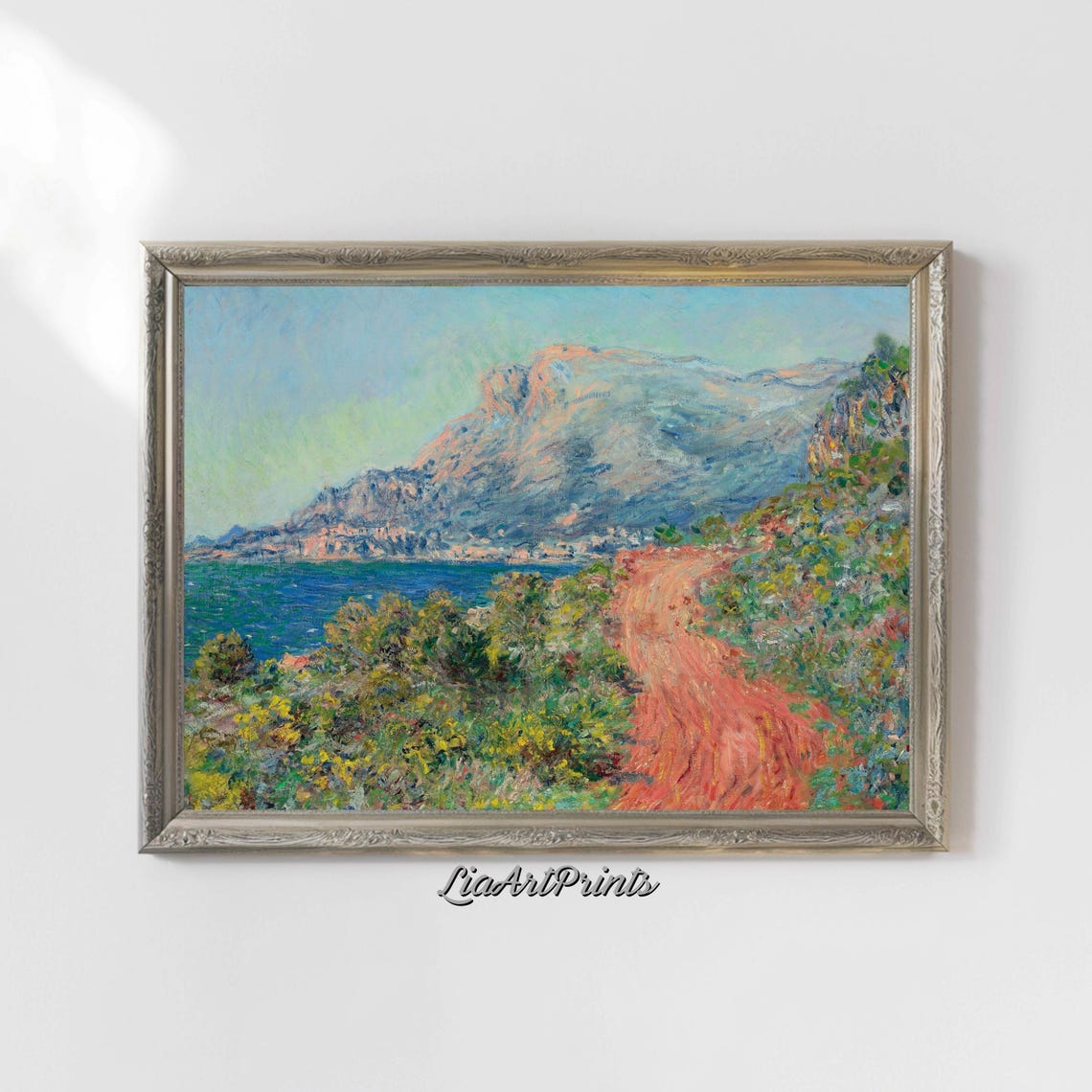 Impressionist Coastal Mountain Path with Red Road and Blue Sea Poster - Image 4