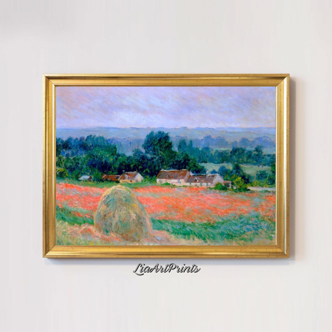 Haystack in Red Poppy Field with Cottages Impressionist Country Poster - Image 2
