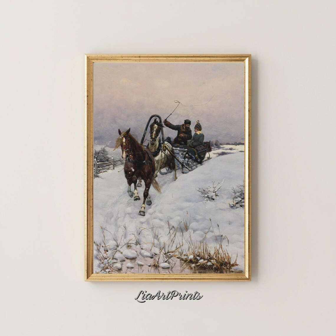 Winter Sleigh Ride Vintage Oil Painting with Troika and Horses in Snow Poster - Image 4