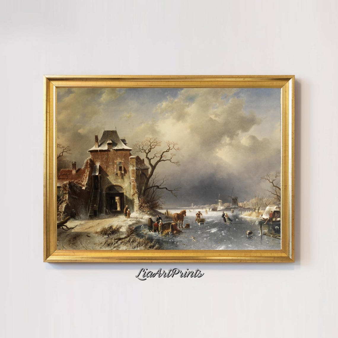 Snowy Winter Ice Skating Scene Old Gatehouse Windmill Poster - Image 2