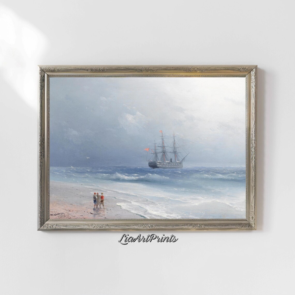 Serene Seascape with a Tall Ship and Figures on the Beach Vintage Print - Image 5