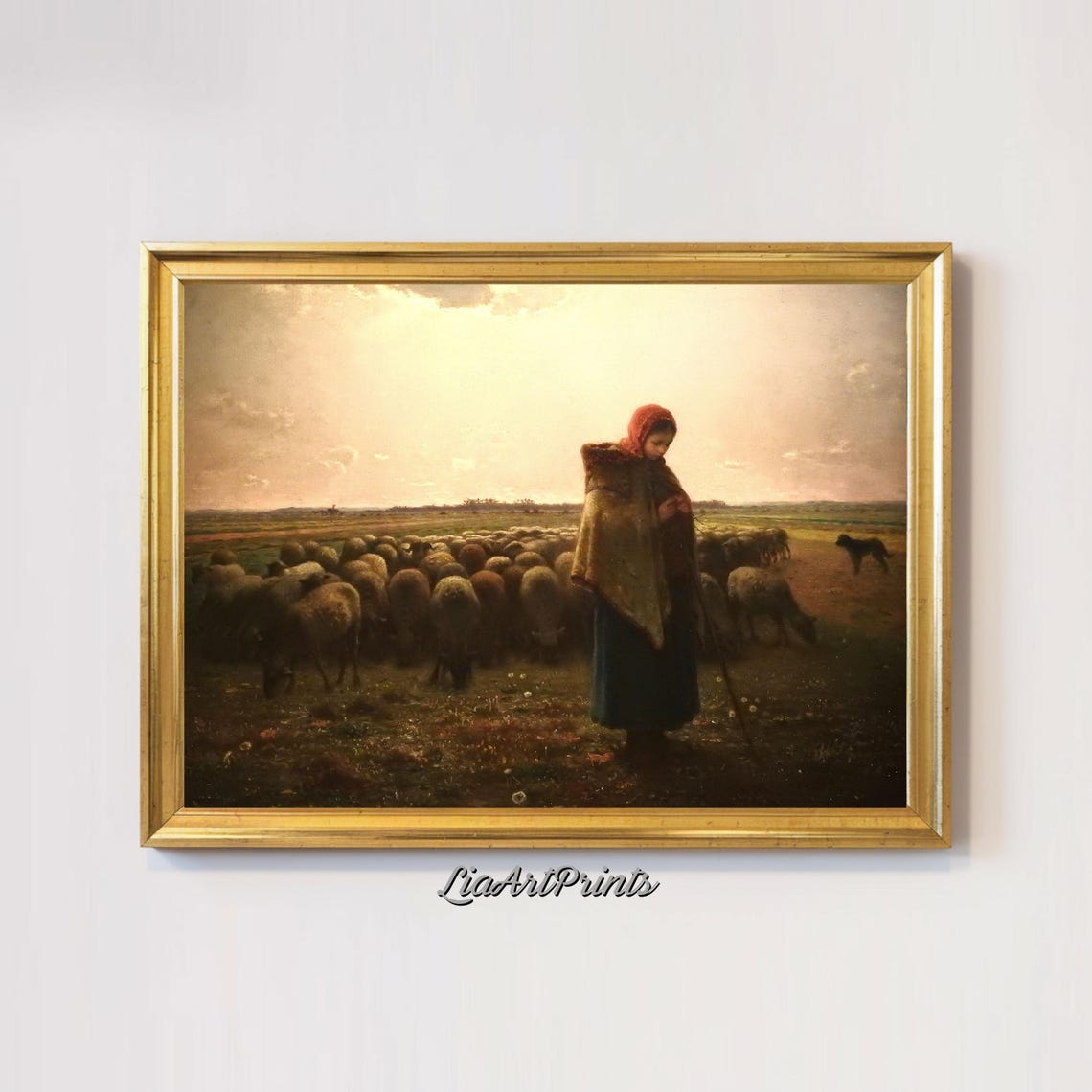 Shepherd At Sunset Wall Art Rustic Countryside Scene With Flock Artwork For Warm And Cozy Decor - Image 2