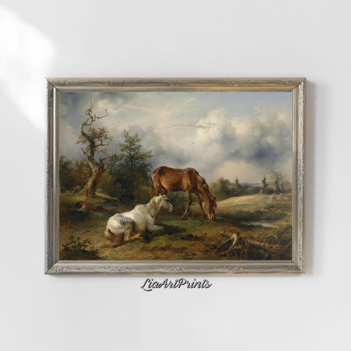 Two Horses Resting in a Pastoral Meadow Vintage Equestrian Poster - Image 4
