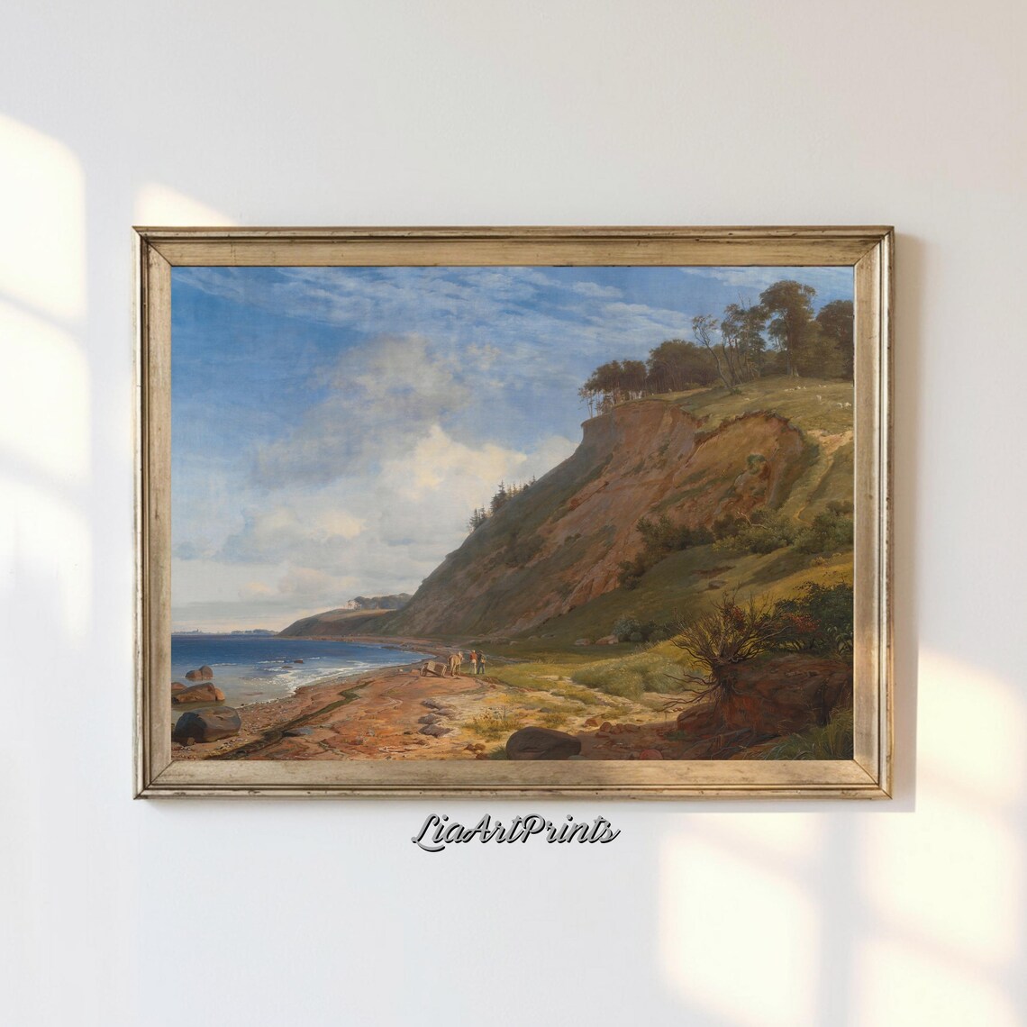Sunny Coastal Cliff Beach Scene with Travelers and a Horse Poster