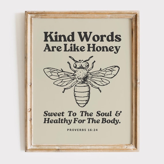 Kind Words Are Like Honey Retro Print Christian Wall Art Scripture Wall Art Gift Dorm Room Essentials Vintage Bible Verse Wall Art