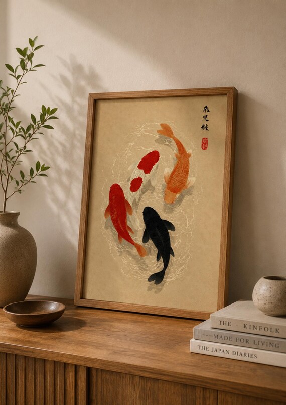 Koi Fish Wall Art Print Japanese Poster Zen Pond Artwork Asian Decor Japandi Lucky Painting