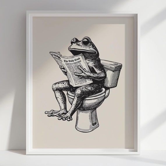 Frog On Toilet Funny Bathroom Wall Art Retro Amphibian Newspaper Poster Vintage Toad Print Decor Cute Animal