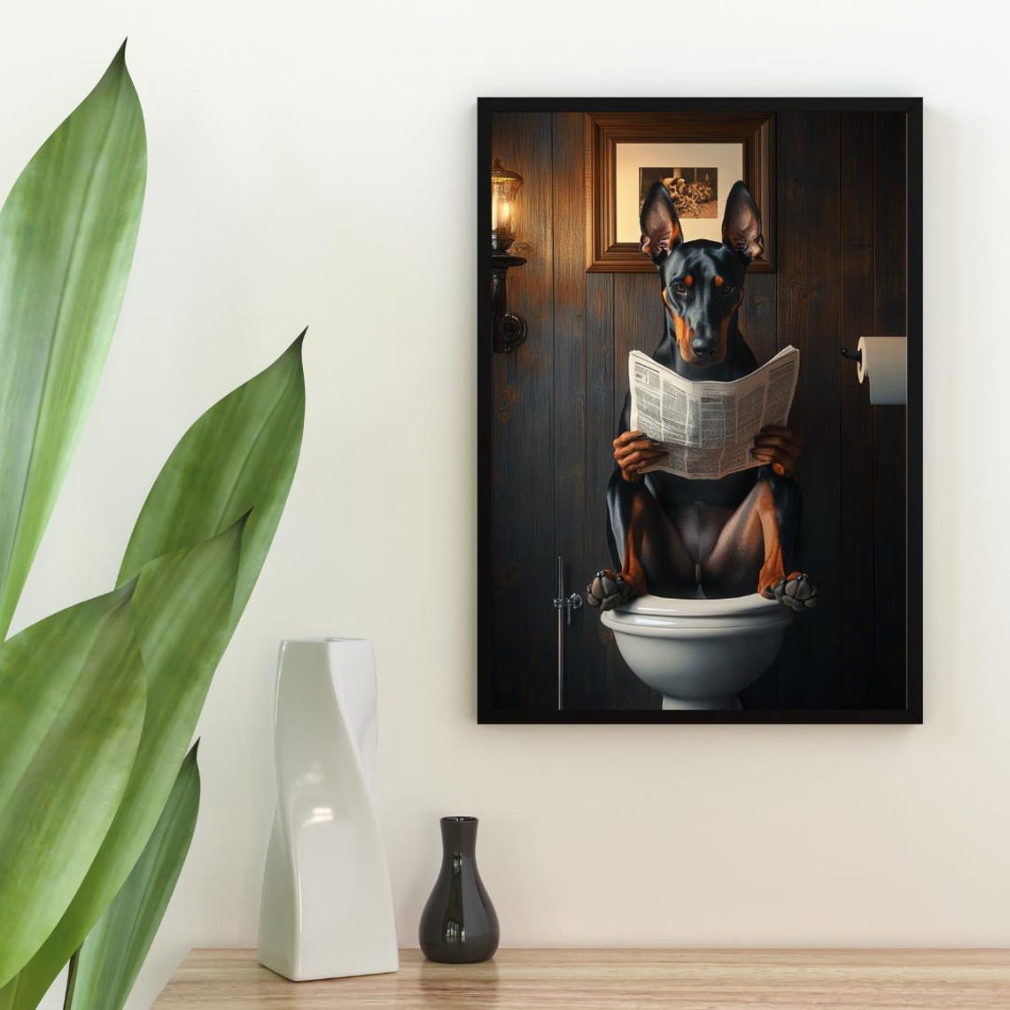 Doberman Pinscher On Toilet Reading Newspaper Funny Bathroom Poster - Image 2