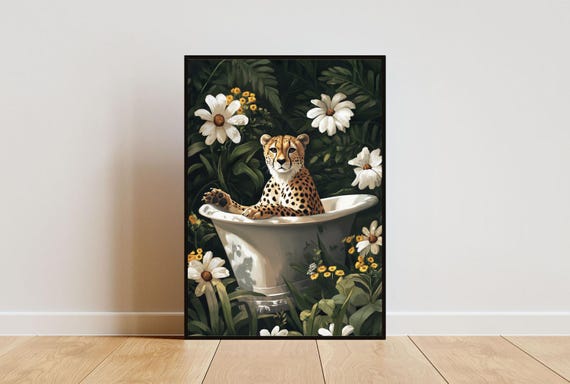 Cheetah In Bathtub Poster Funny Animal Poster Cheetah Bathroom Print Cheetah Bath Poster Animal Bathroom Wall Art Animal Print Cheetah