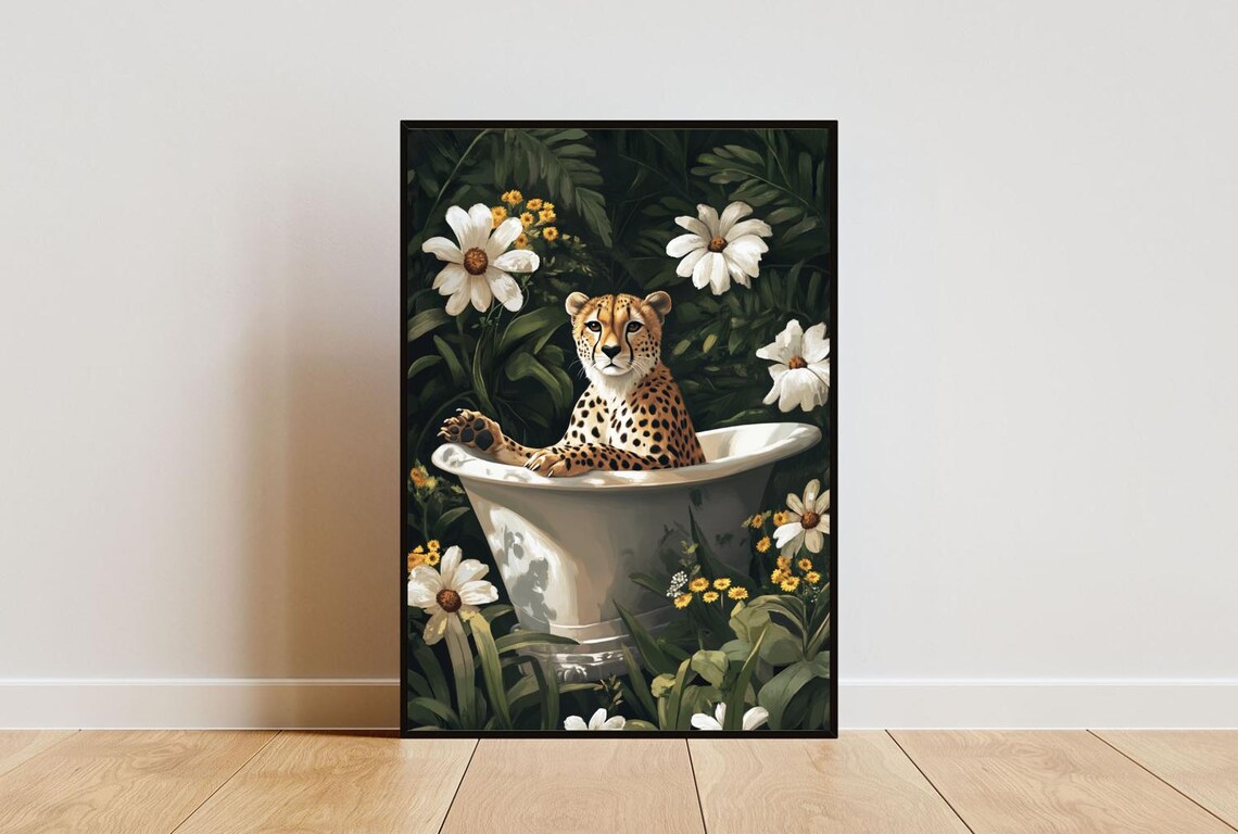 Cheetah in Bathtub Jungle Flowers Funny Animal Bathroom Art Poster