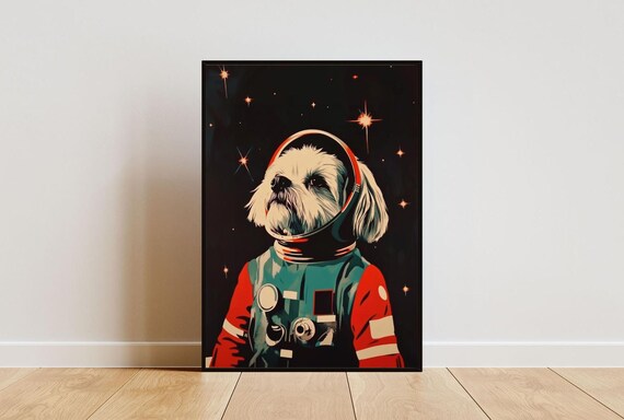 Shih Tzu Astronaut Retro Space Dog Portrait Funny Poster Art Gift