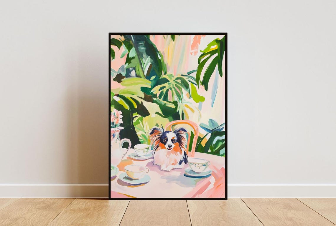 Papillon Dog Garden Tea Party Pastel Oil Painting Style Poster