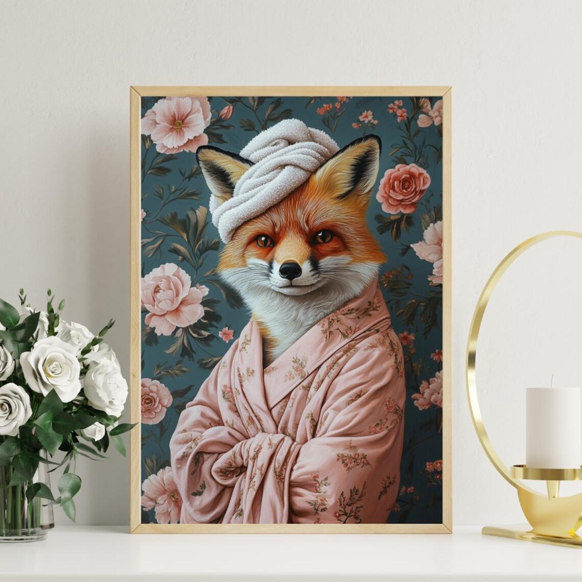 Red Fox In Floral Bathrobe With Towel Turban Funny Animal Poster - Image 3