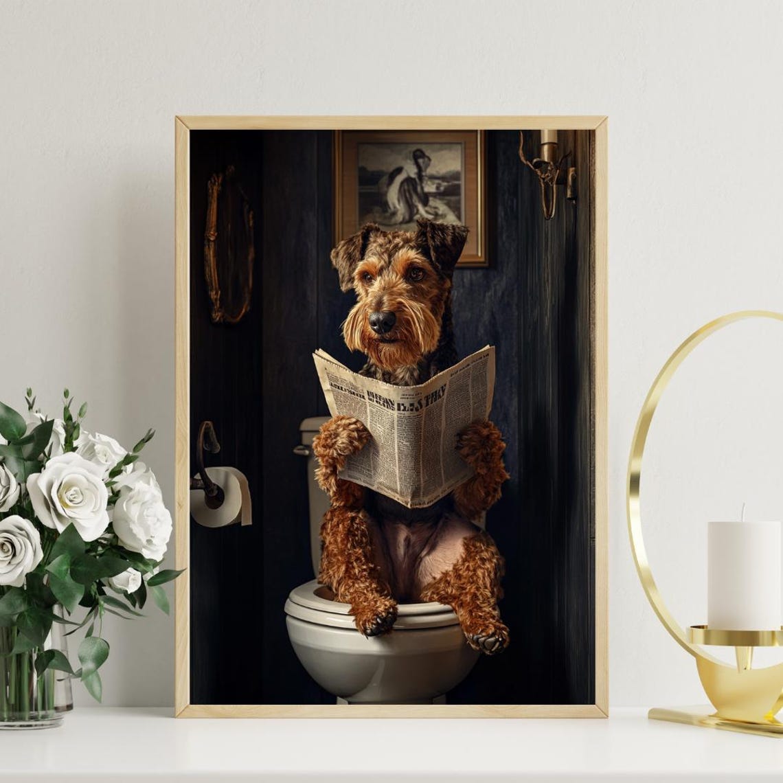 Airedale Terrier Reading Newspaper On Toilet Bathroom Art Poster - Image 3