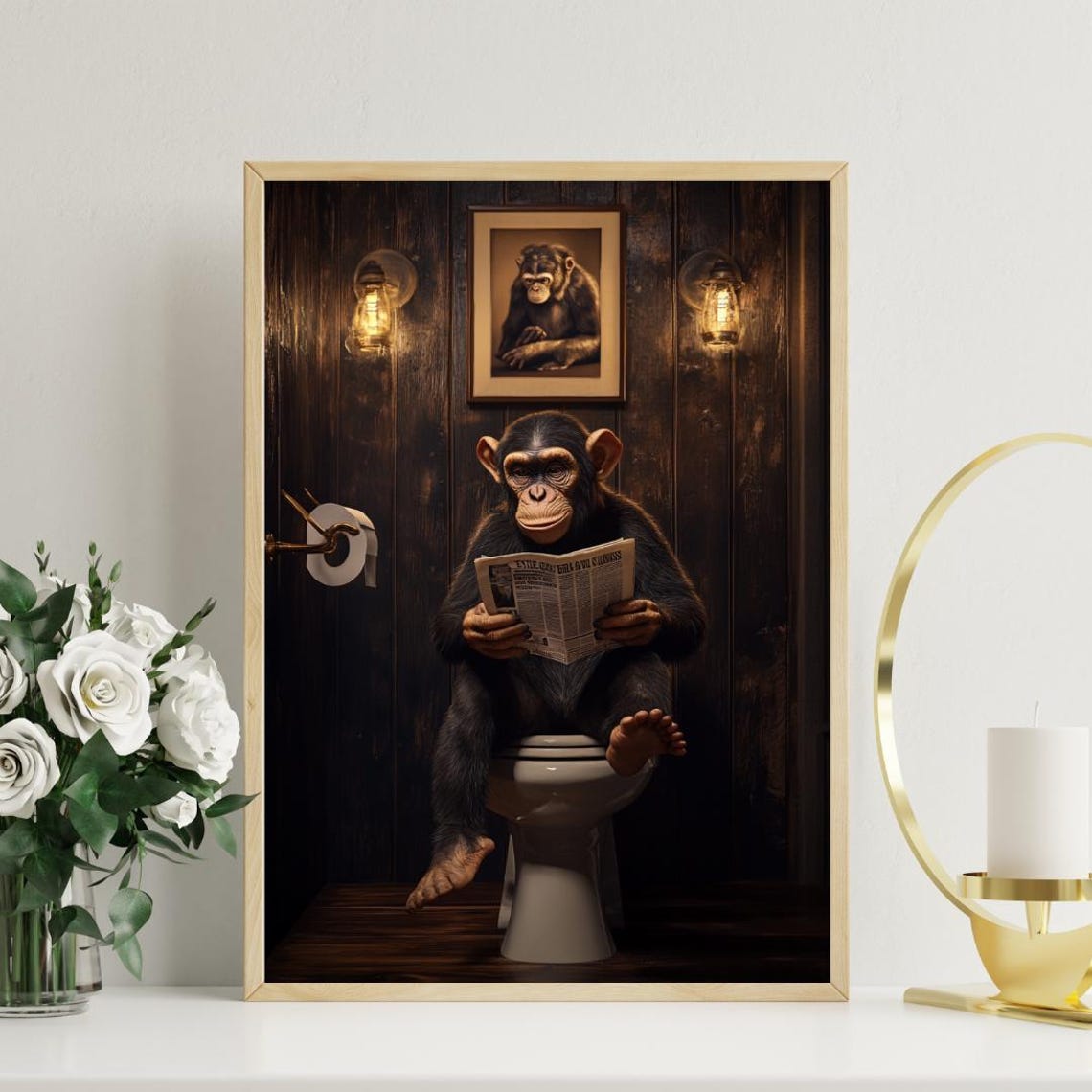 Monkey On Toilet Reading Newspaper Funny Bathroom Animal Poster - Image 3