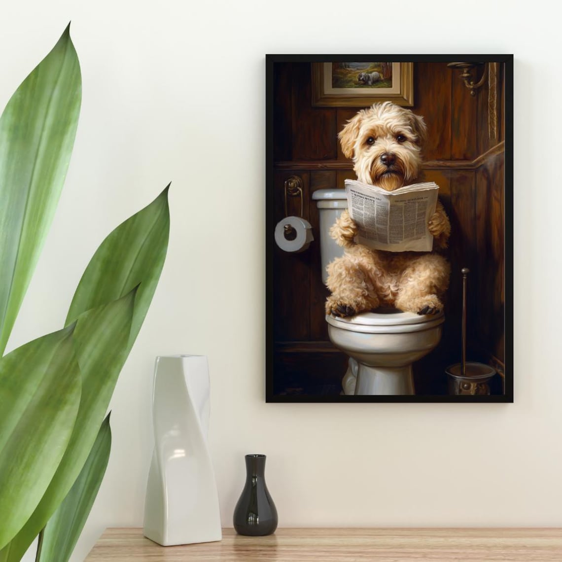 Wheaten Terrier on Toilet Reading Newspaper Funny Dog Poster - Image 2