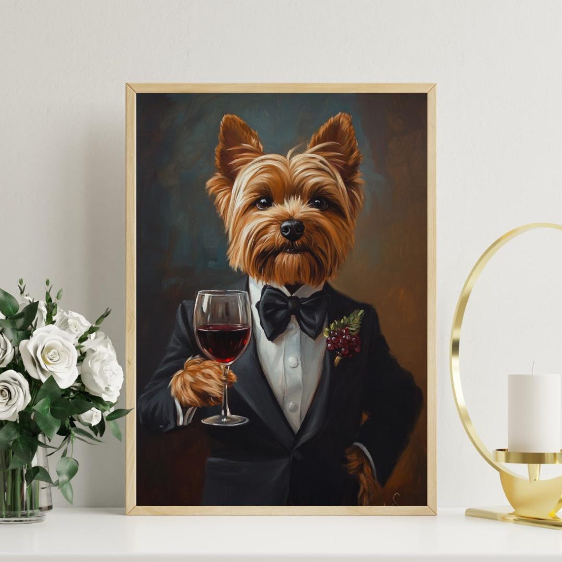 Yorkshire Terrier in Black Tie Tuxedo Holding Red Wine Poster - Image 3