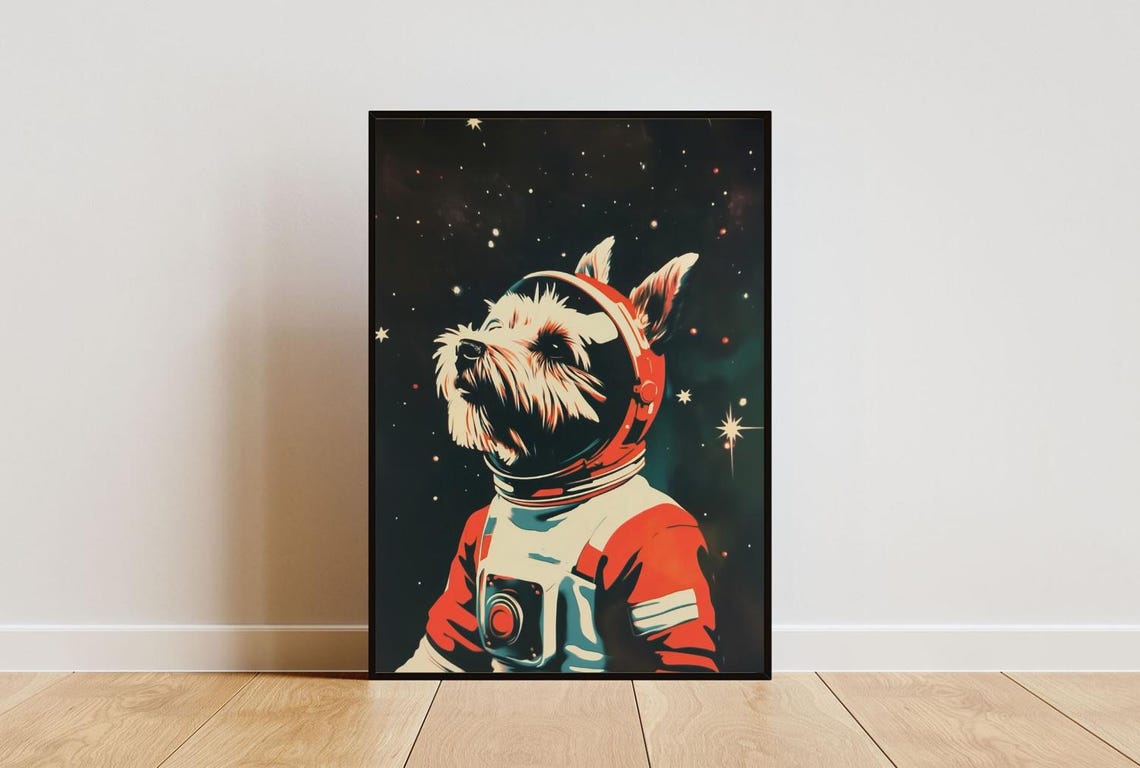 Westie Dog Astronaut Vintage Retro Starry Space Portrait Poster