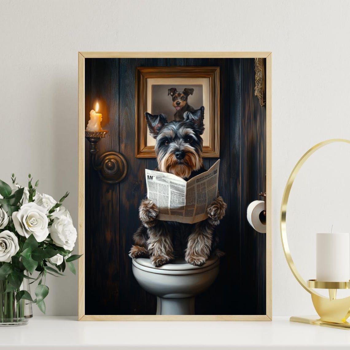 Miniature Schnauzer On Toilet Reading Newspaper Funny Bathroom Poster - Image 3
