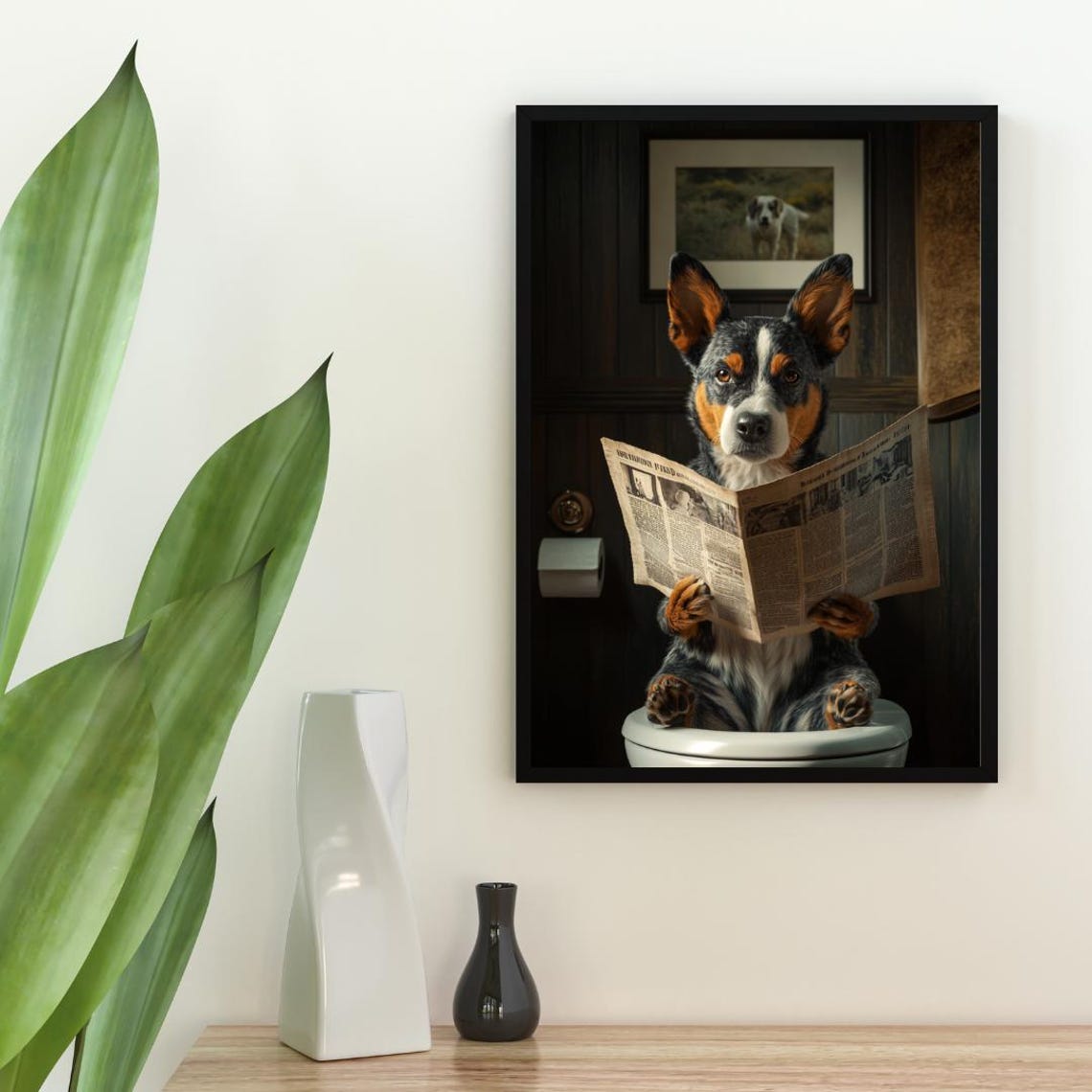 Australian Cattle Dog On Toilet Reading Newspaper Bathroom Poster - Image 2