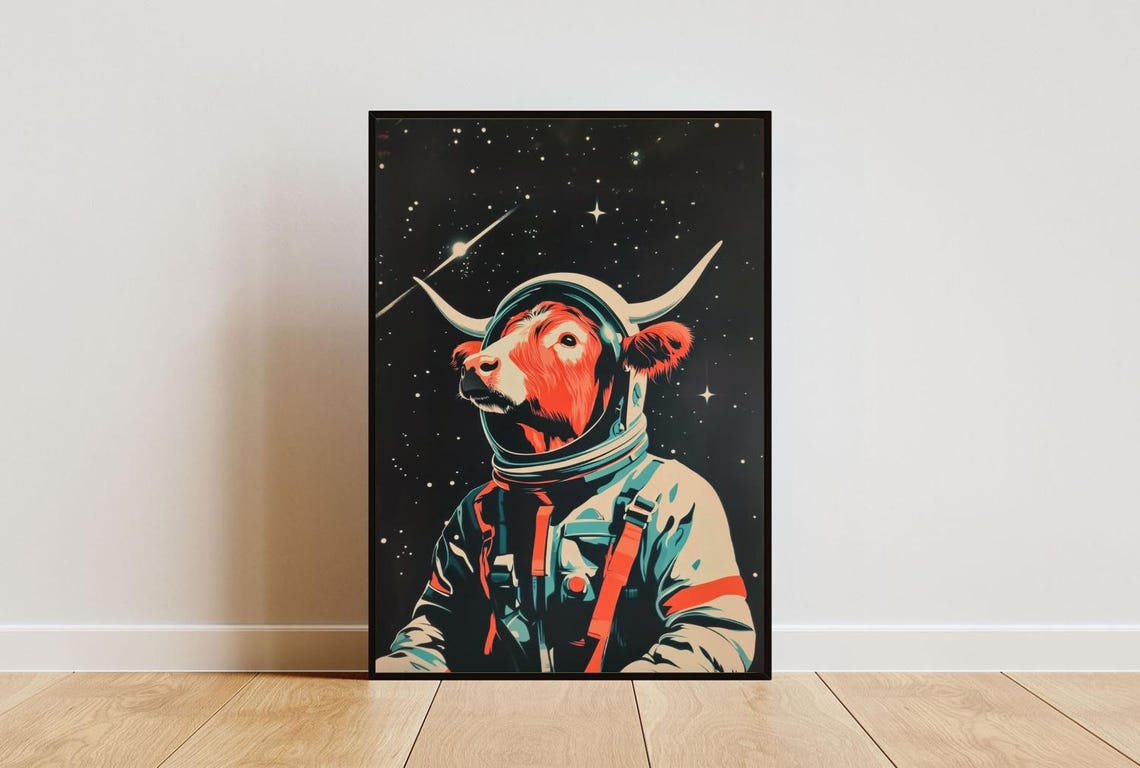 Highland Cow Astronaut Retro Poster Funny Space Cow Wall Decor Gift