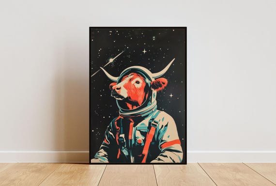 Highland Cow Astronaut Poster Highland Cow Retro Print Highland Cow Portrait Animal Retro Space Poster Funny Animal Poster Andy Warhol