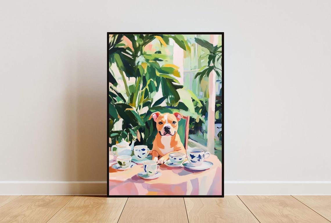 Retro Staffordshire Bull Terrier Poster Staffy Oil Painting Vintage Staffy Poster Dog Dining Room Wall Art Retro Dog Poster Pet Poster