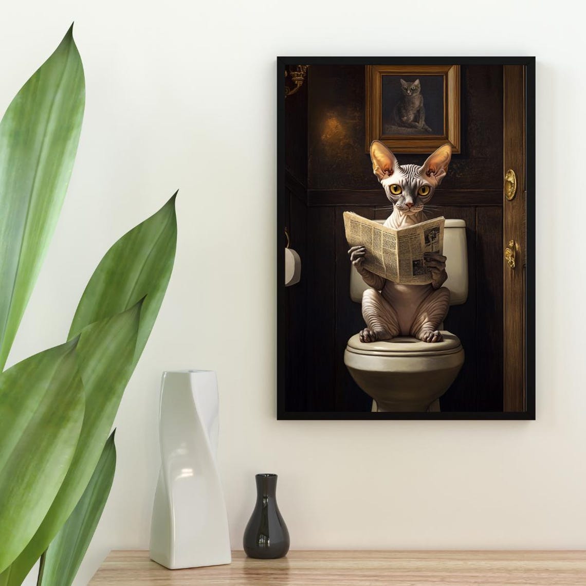 Funny Devon Rex Cat on Toilet Reading Newspaper Bathroom Poster - Image 2