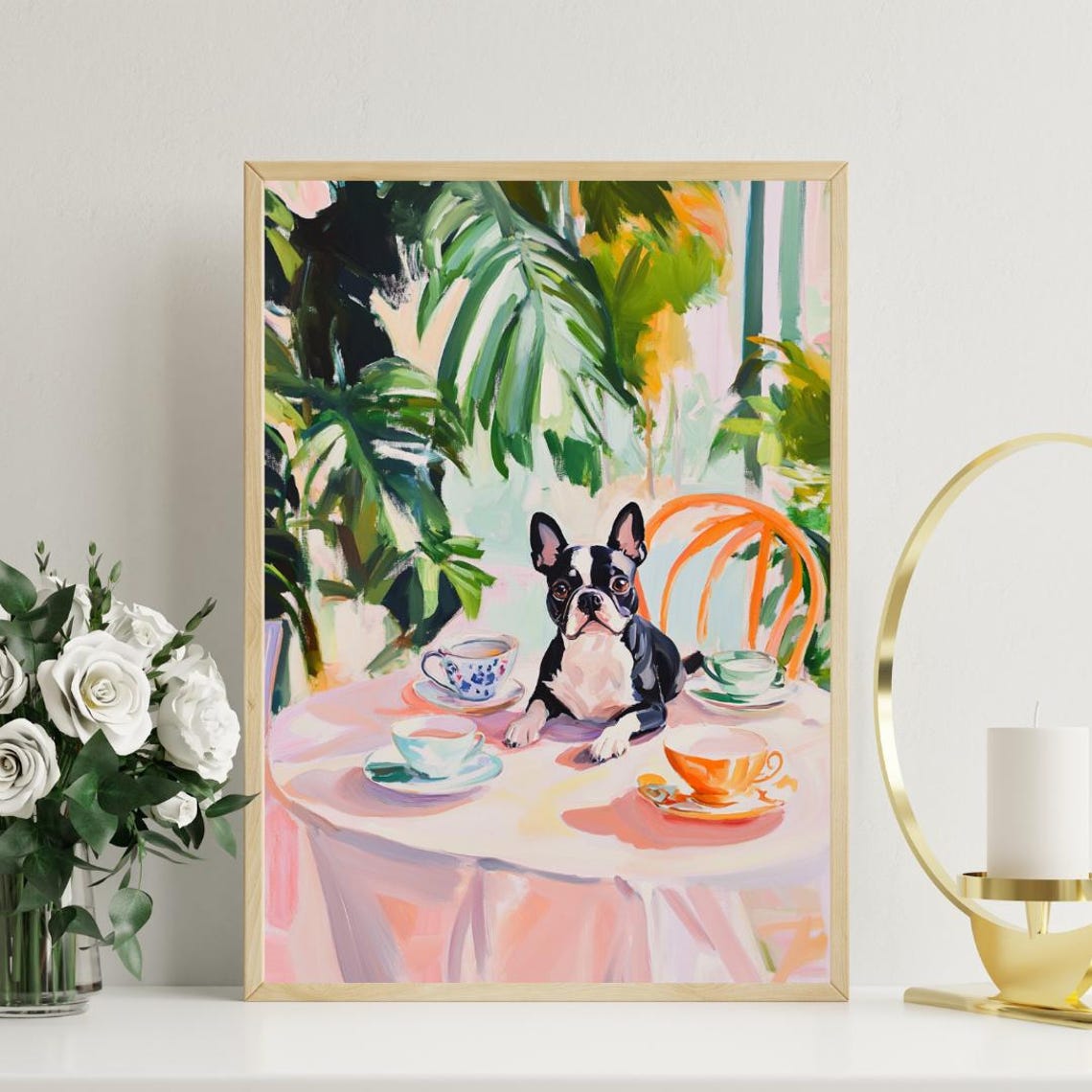 Boston Terrier Dog Garden Tea Party Pastel Painting Style Poster - Image 3