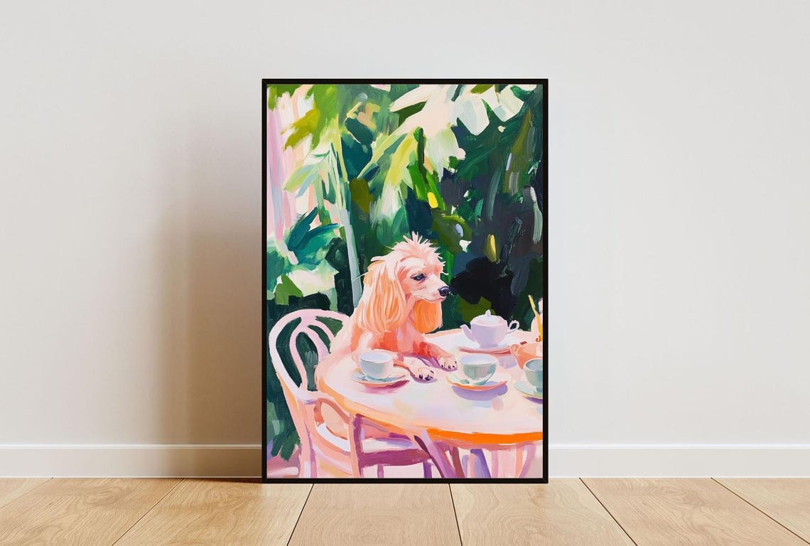 Cream Longhaired Dog Tea Party Colorful Oil Painting Cute Pet Poster