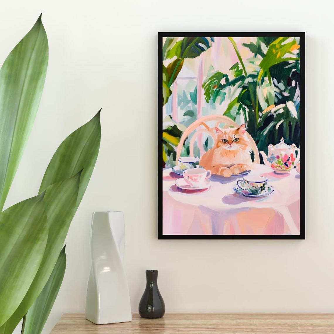 Exotic Shorthair Cat Tea Party Fluffy Cream Oil Painting Poster - Image 2