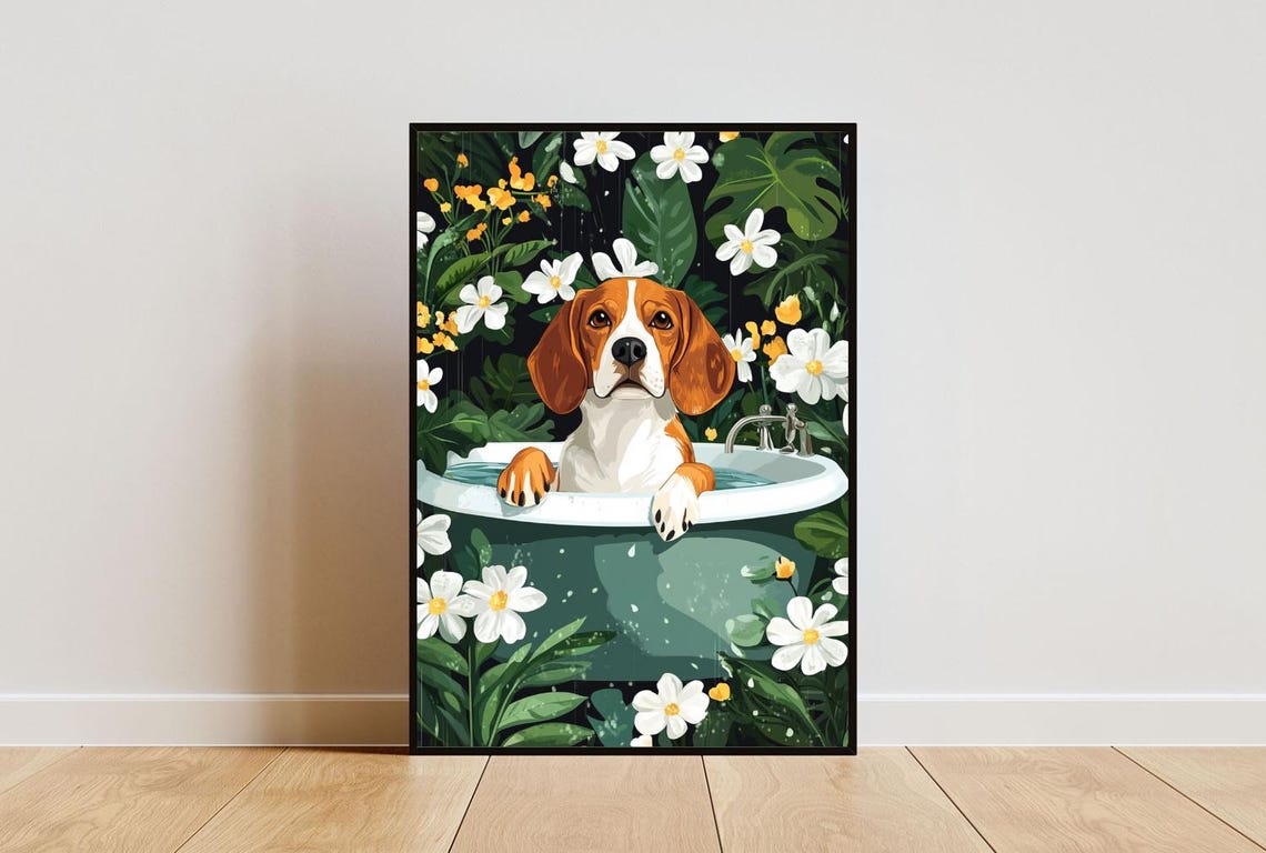 Beagle in Bathtub Cute Puppy Bathroom Splashing Water Floral Poster