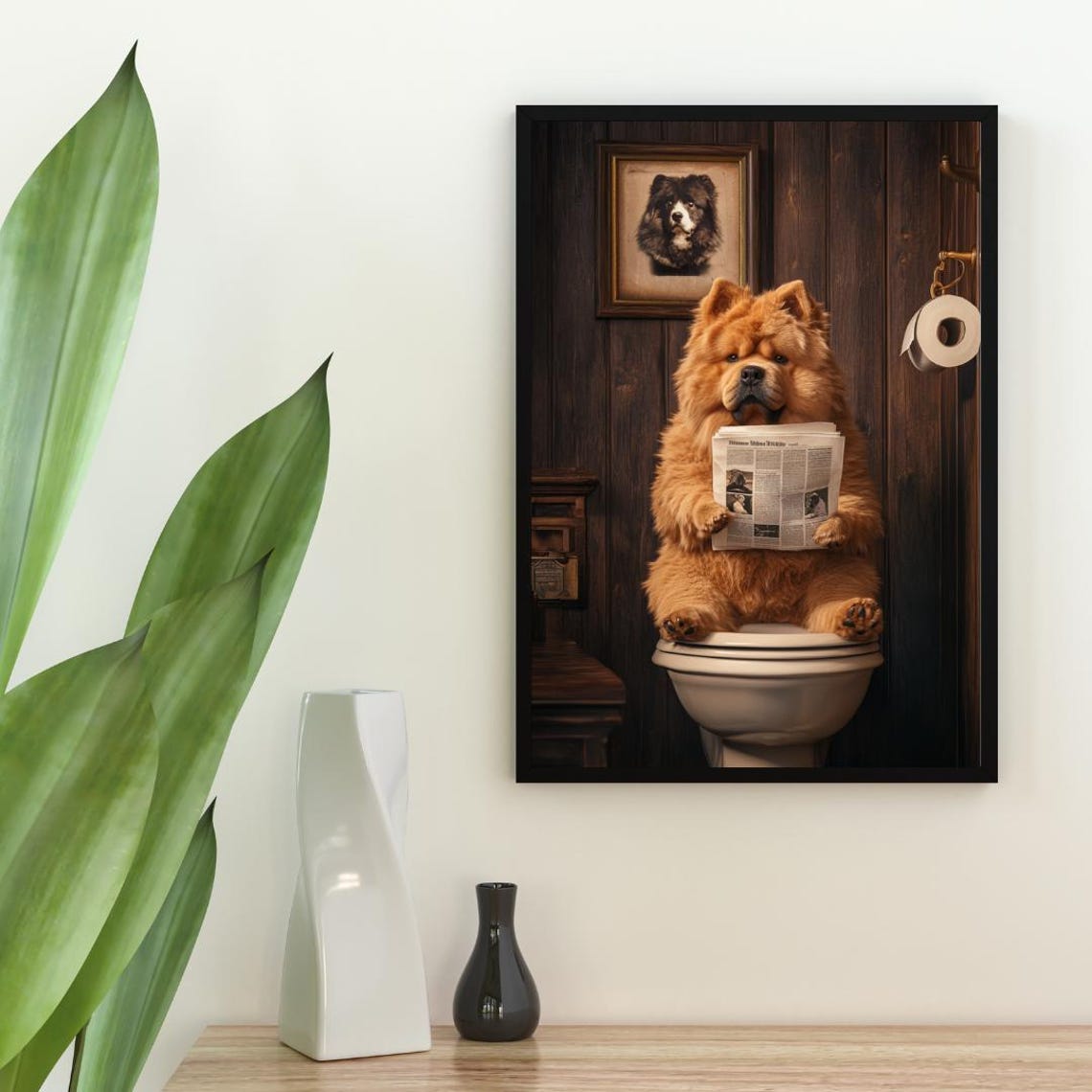 Chow Chow on a Toilet Reading a Newspaper in a Vintage Bathroom Poster - Image 2