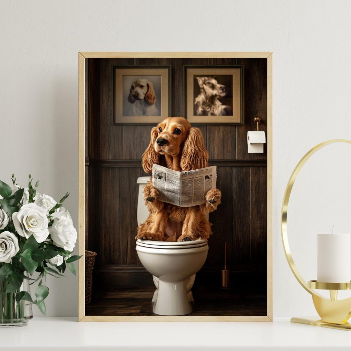 English Cocker Spaniel on Toilet Reading Newspaper Funny Poster - Image 3