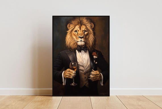 Lion In Tuxedo Poster Animal Poster Lion In Suit Print Lion Portrait Animal Living Room Poster Funny Lion Print Lion Poster Lioness