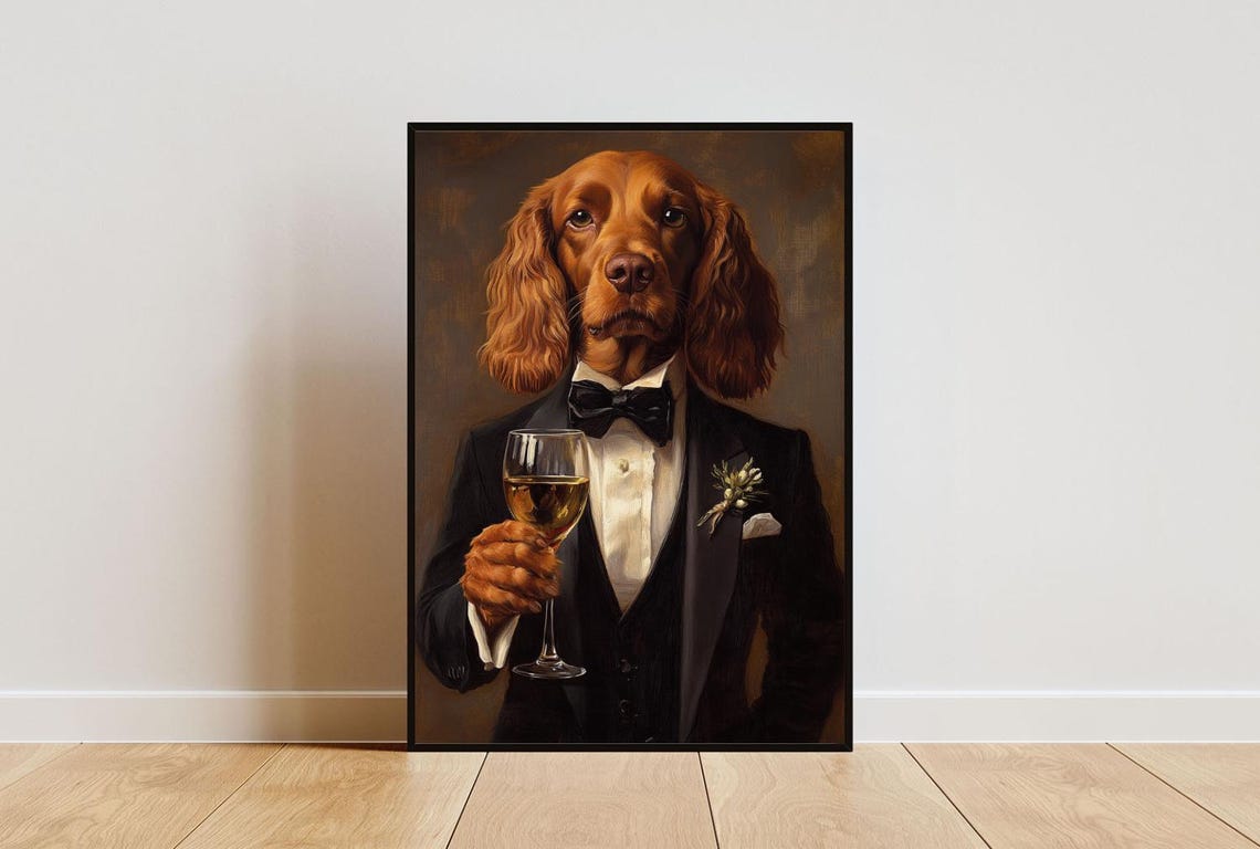 Irish Setter in Tuxedo with Wine Glass Renaissance Dog Poster