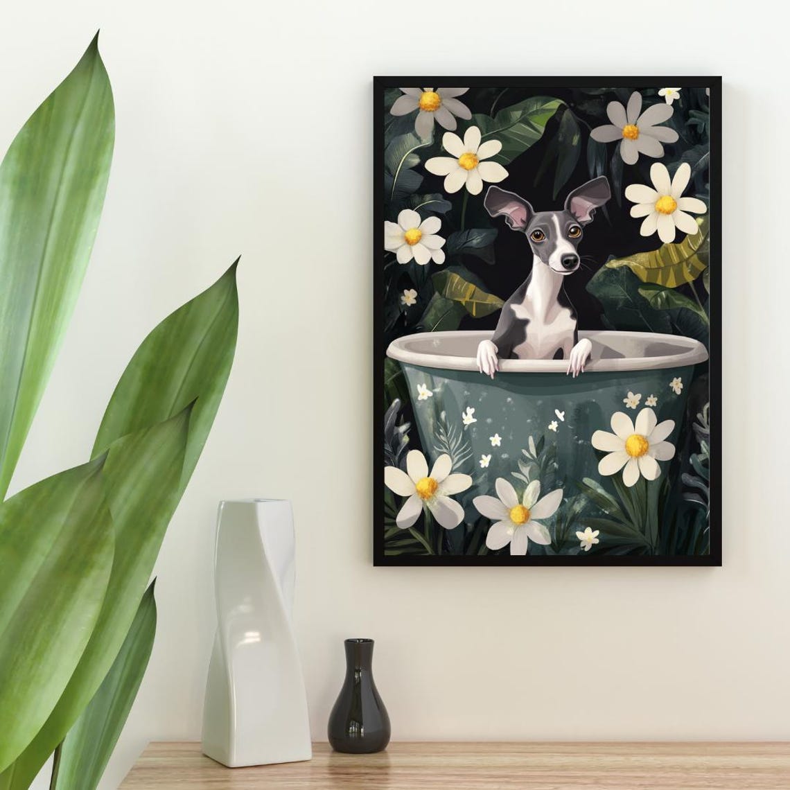 Italian Greyhound Bathtub Dog Portrait Poster Funny Floral Bath Decor - Image 2