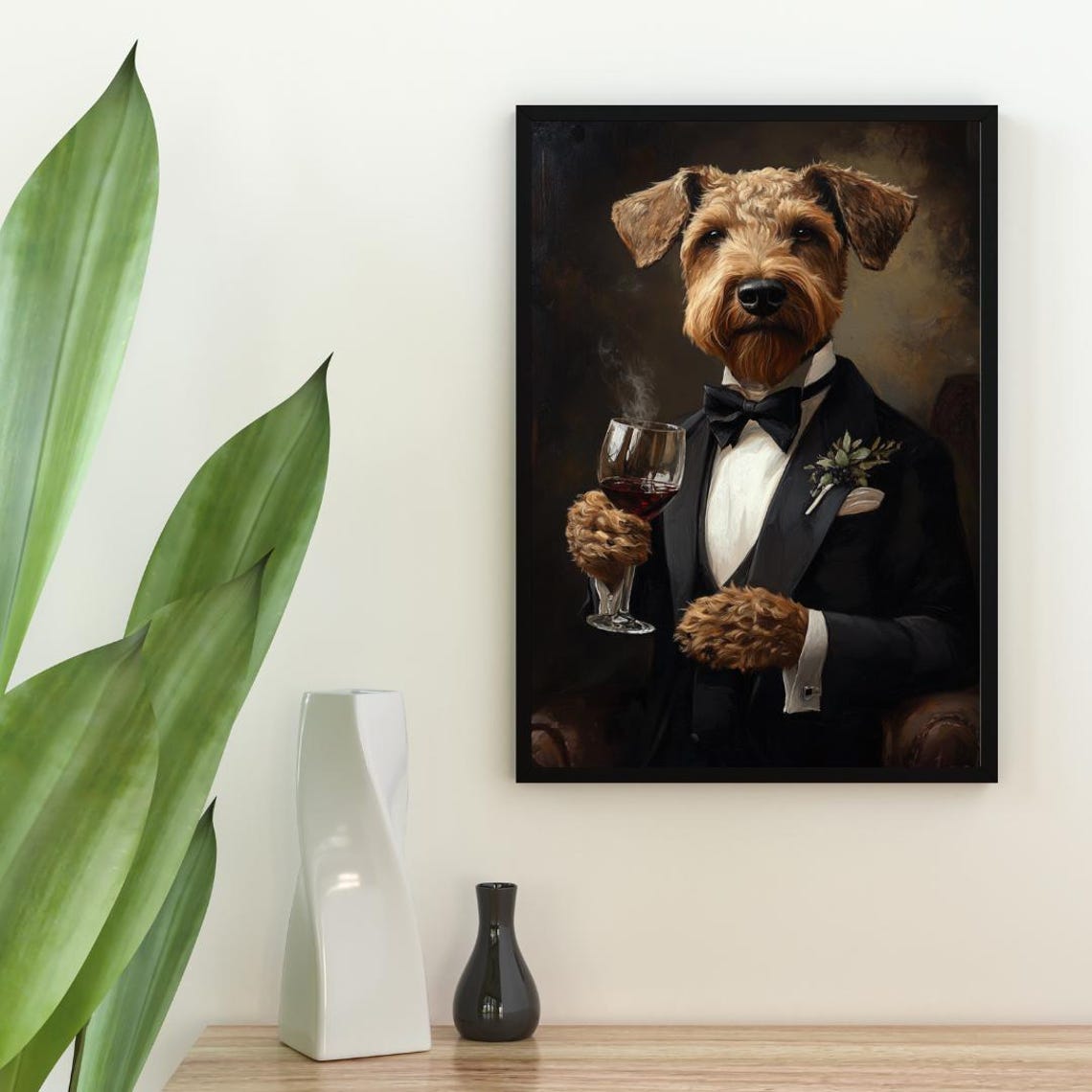 Airedale Terrier In Tuxedo Holding Red Wine Glass Dog Portrait Poster - Image 2